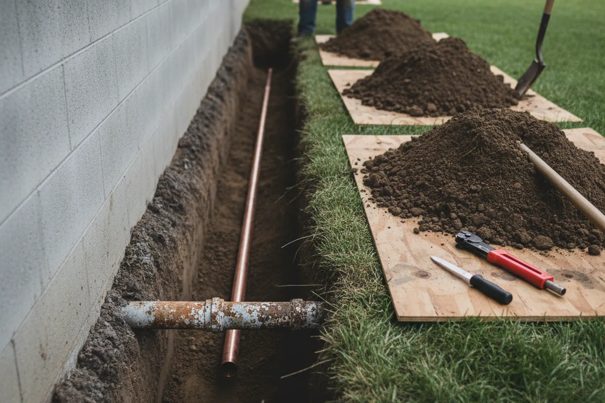 Excavated water line trench during Water Softener Installation in Tracy City